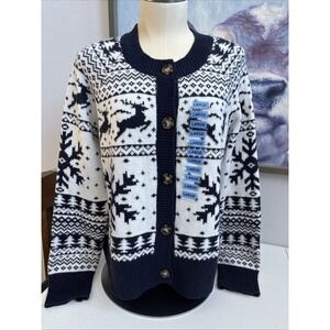 Dec. 25th Women's L‎ NWT White Navy Snowflake Deer LS Button Up Knit Cardigan